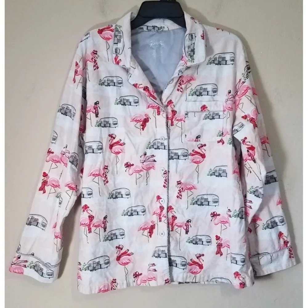 Nick & Nora Pajama Set Women XXL‎ Flannel Pink Winter Flamingo Airstream Camper